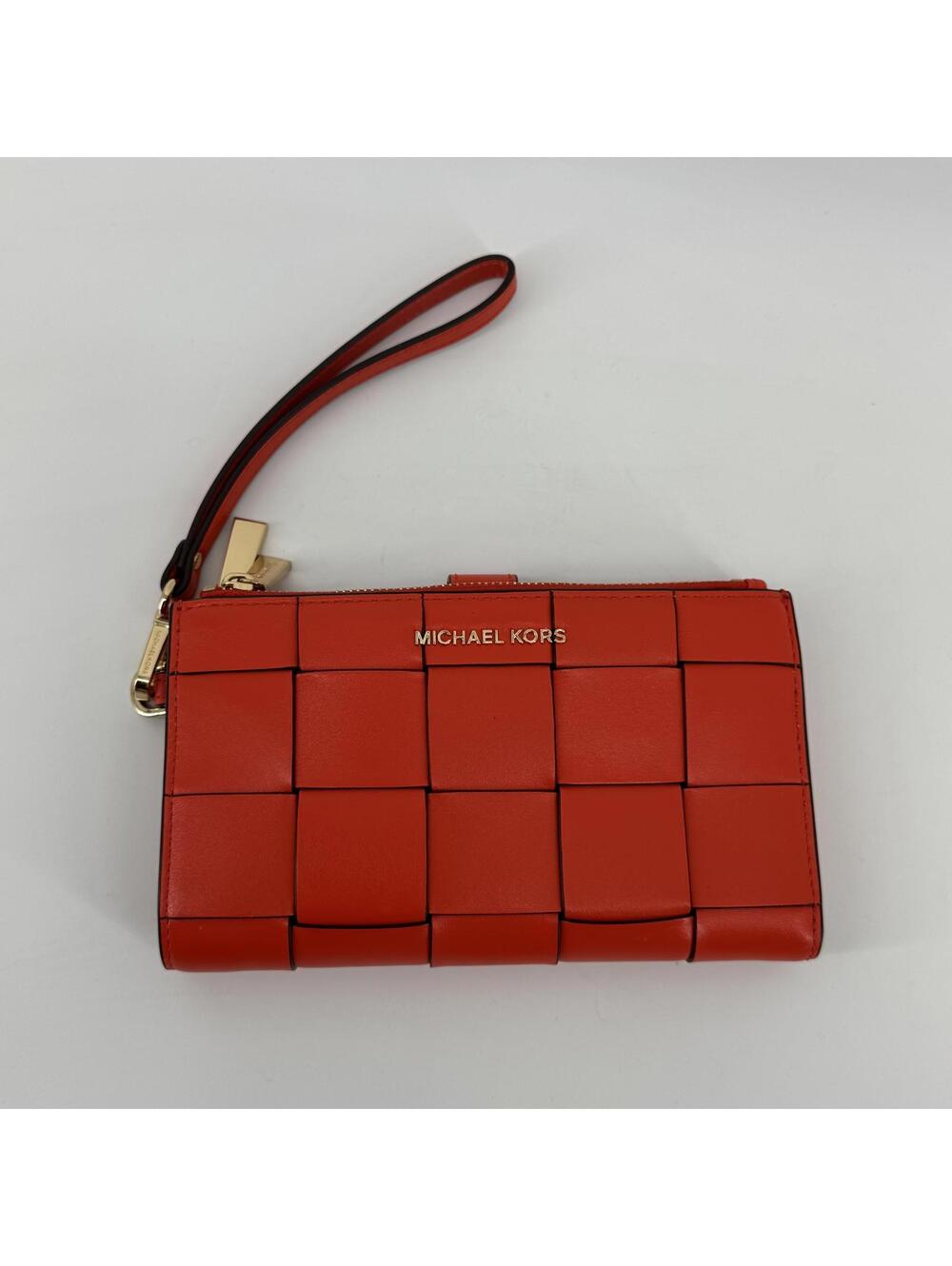 Michael Kors Red Orange Jet Set Woven Leather Double Zip Wristlet Wallet #TM225